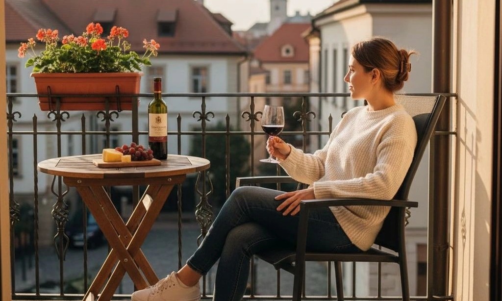 Žena sedí na stohovacím zahradním křesle EXPERT Doppler na balkóně s výhledem na město